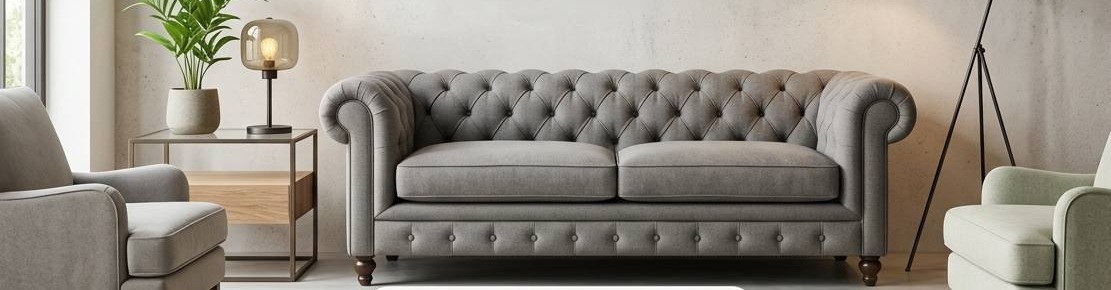 Salón decorado con sofá Chesterfield, butacas y lámpara de pie